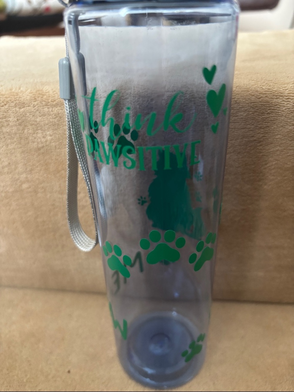 Positive Paws Clear Blue Water Bottle with Green Paw Prints (Plastic)